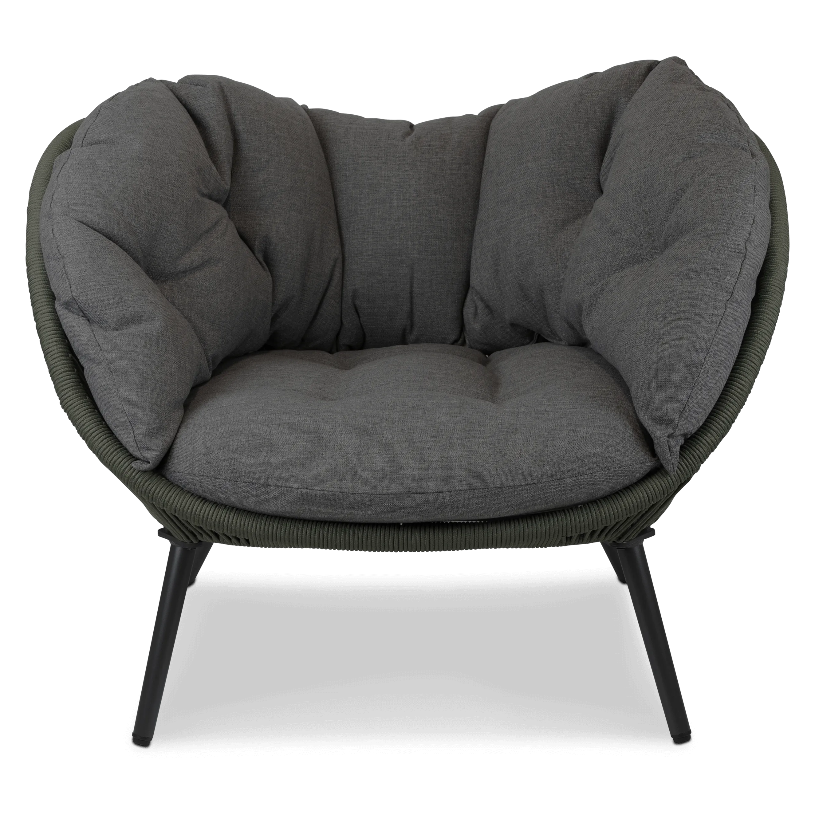 Santa Monica Cocoon Chair with Soft Ash Olefin Cushions, Bonsai Olefin Rope and Gunmetal Aluminium Frame