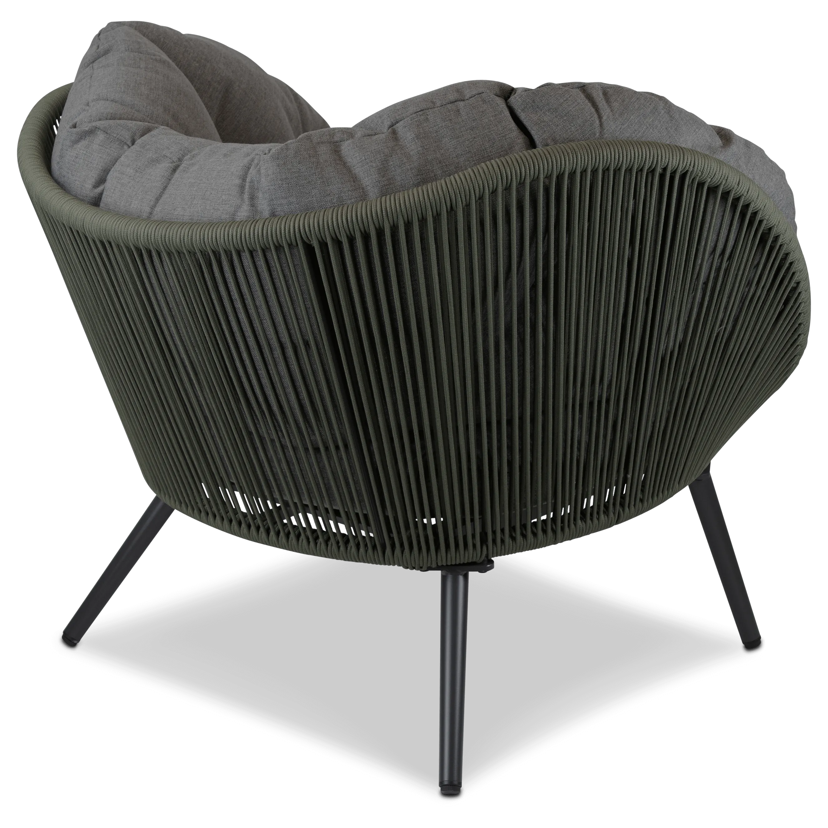 Santa Monica Cocoon Chair with Soft Ash Olefin Cushions, Bonsai Olefin Rope and Gunmetal Aluminium Frame