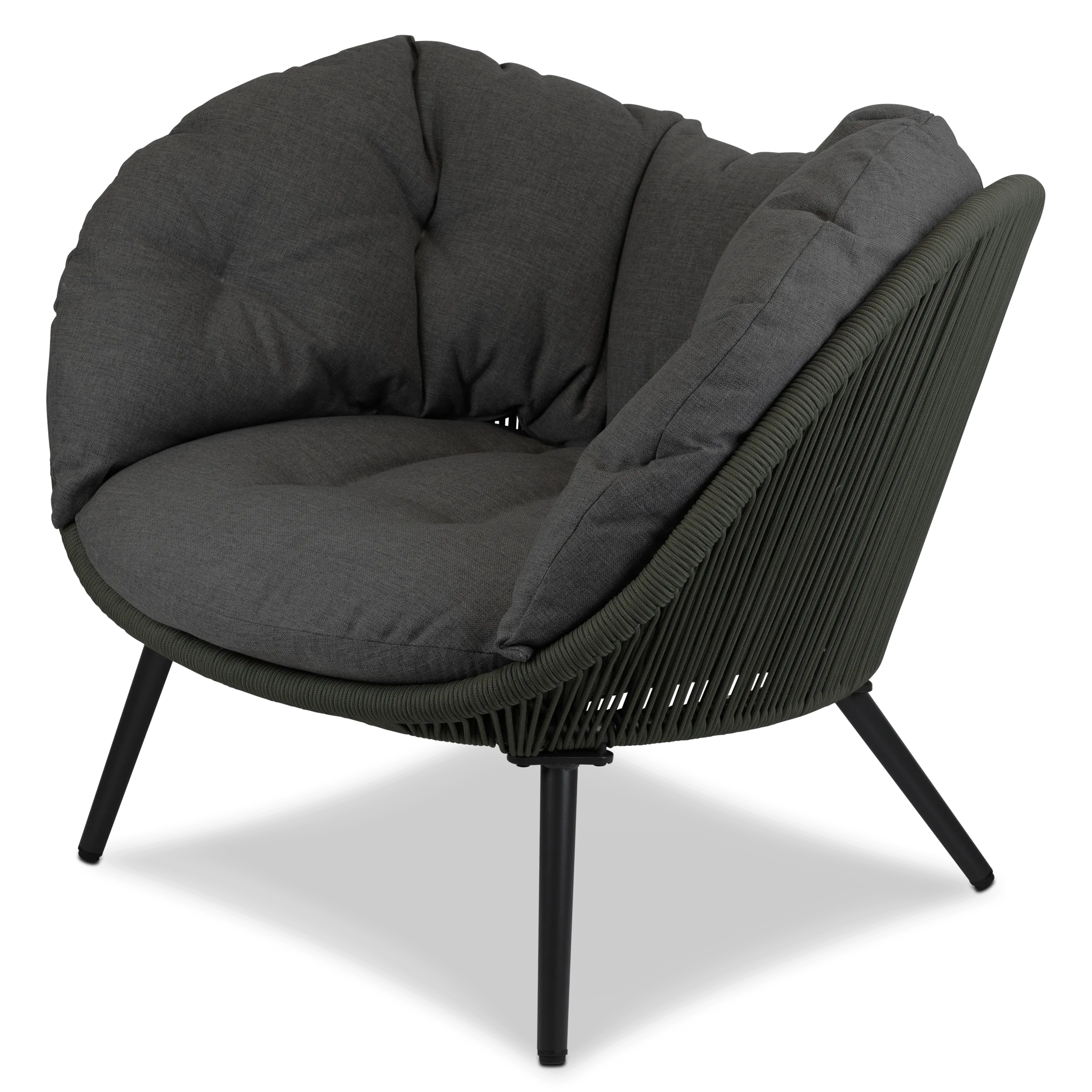 Santa Monica Cocoon Chair with Soft Ash Olefin Cushions, Bonsai Olefin Rope and Gunmetal Aluminium Frame