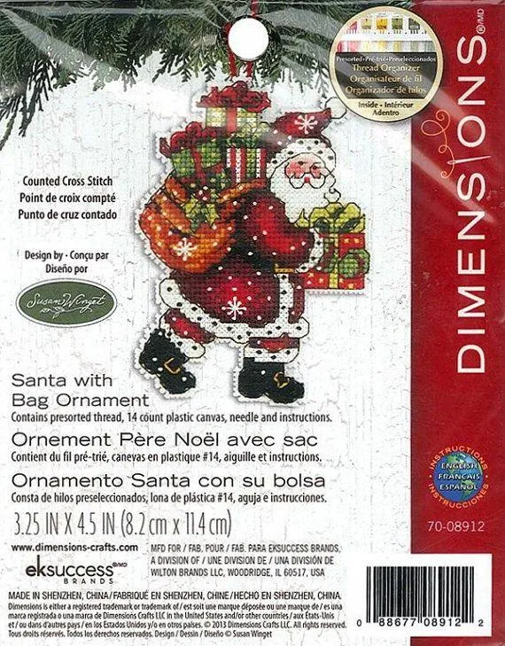 SANTA WITH BAG ORNAMENT, Counted Cross Stitch Kit, 14 count plastic canvas, size 3,25" x 4,5", DIMENSIONS (70-08912)