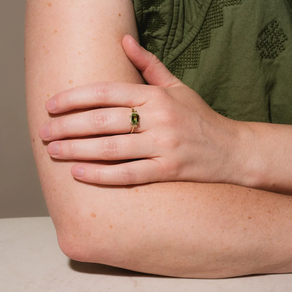 Solid Gold Vintage Inspired East West Peridot Ring