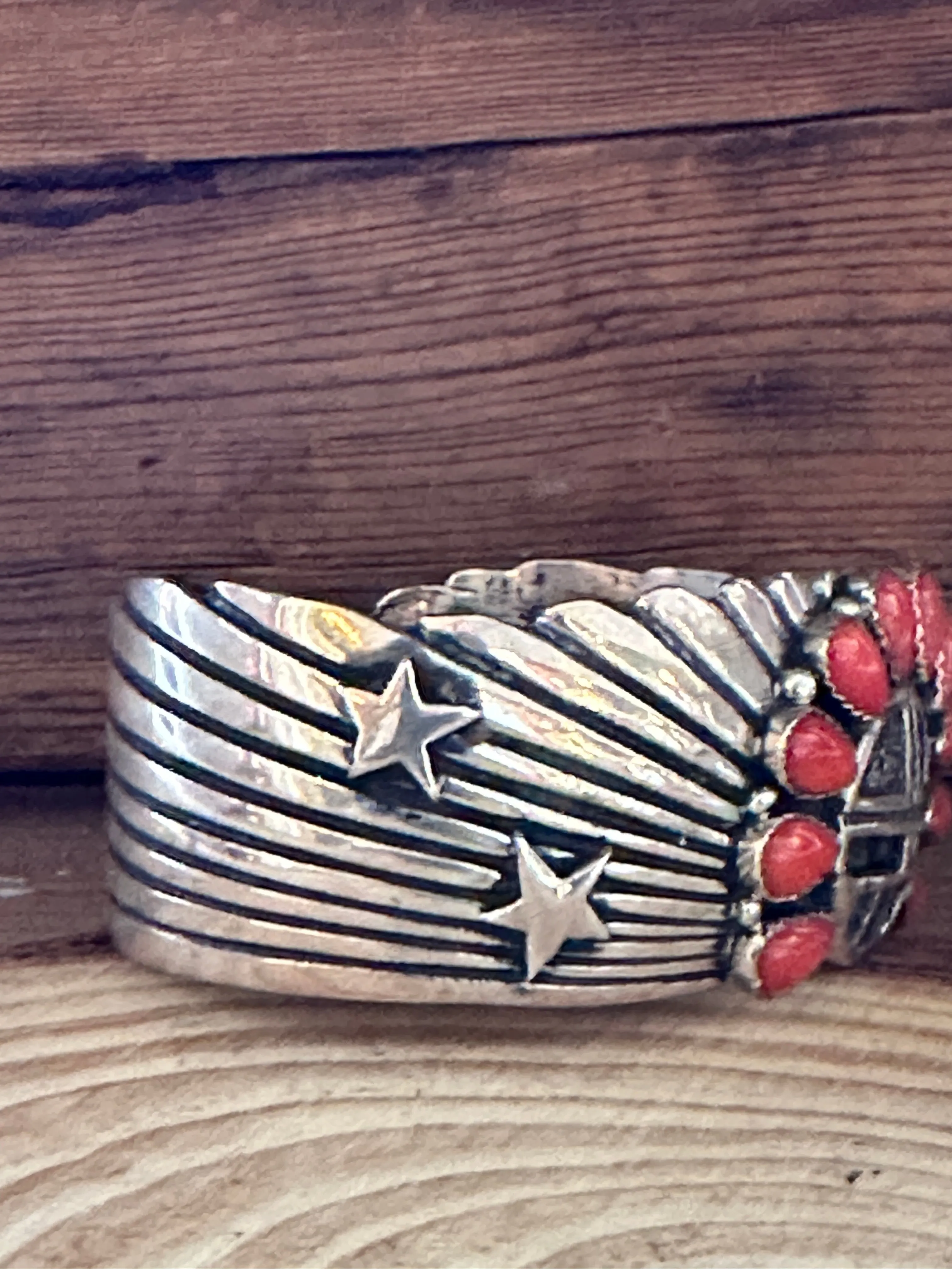 SUN WORSHIP Shakey Silver & Coral Navajo Celestial Cuff