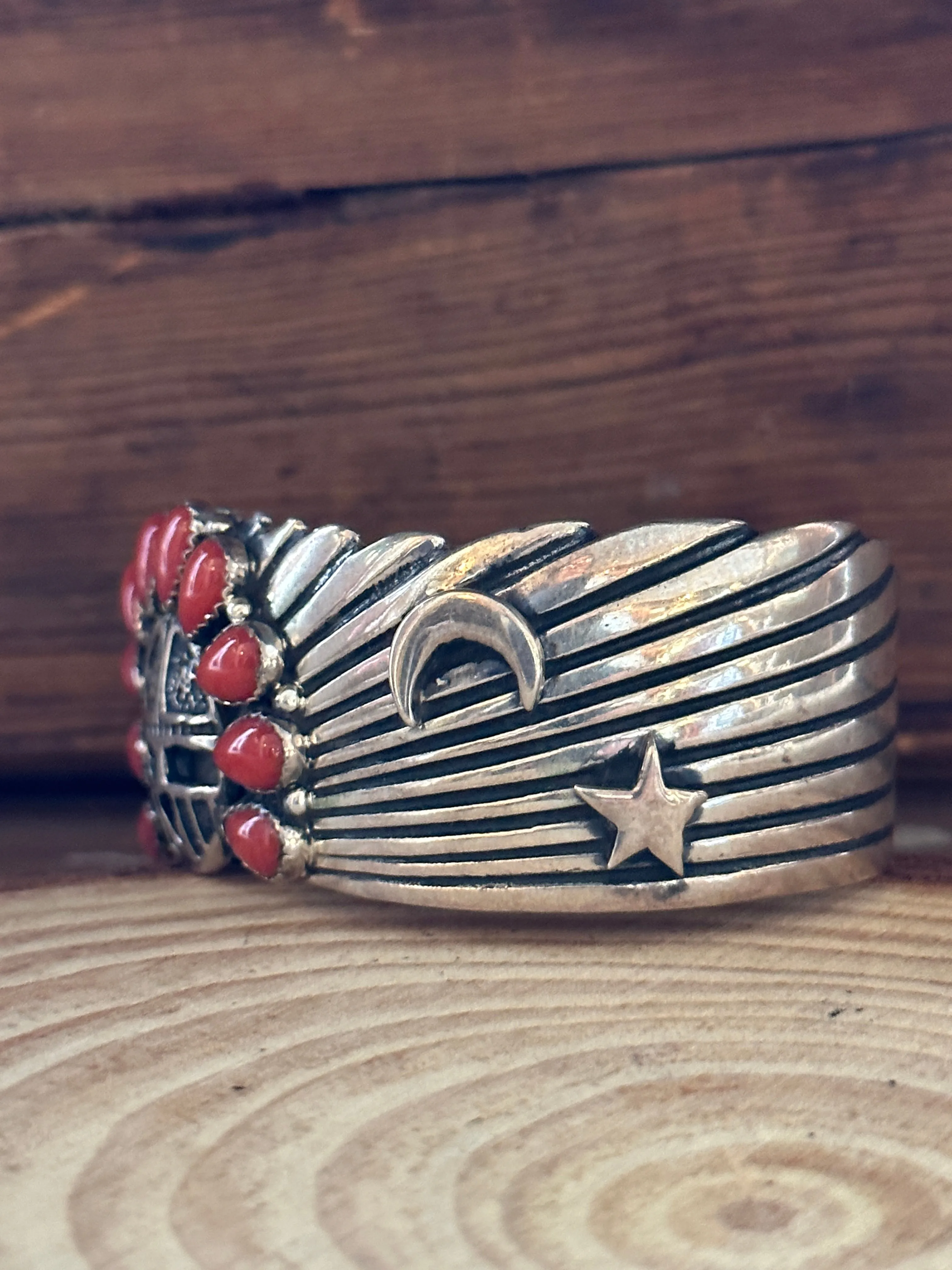 SUN WORSHIP Shakey Silver & Coral Navajo Celestial Cuff