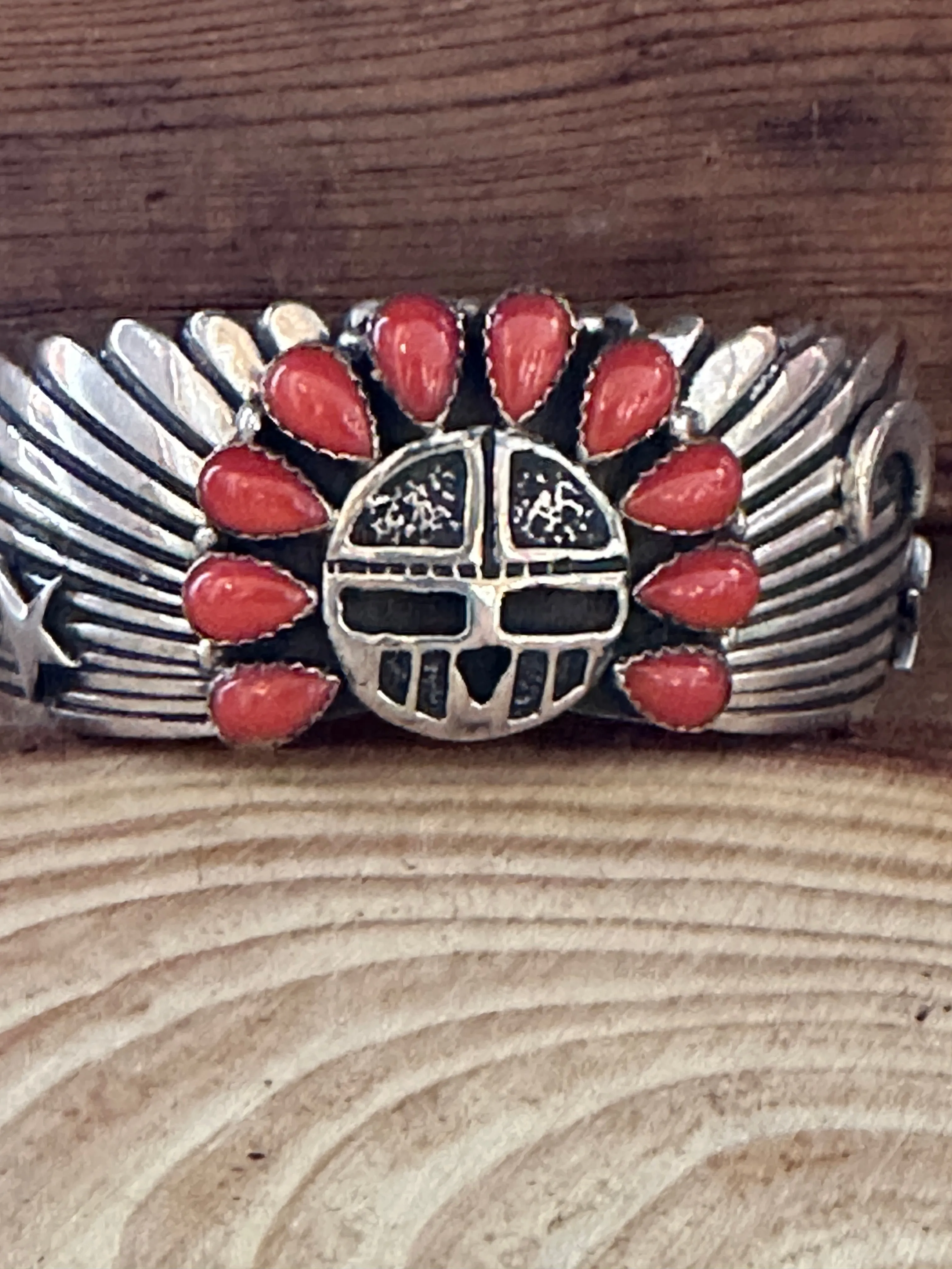 SUN WORSHIP Shakey Silver & Coral Navajo Celestial Cuff