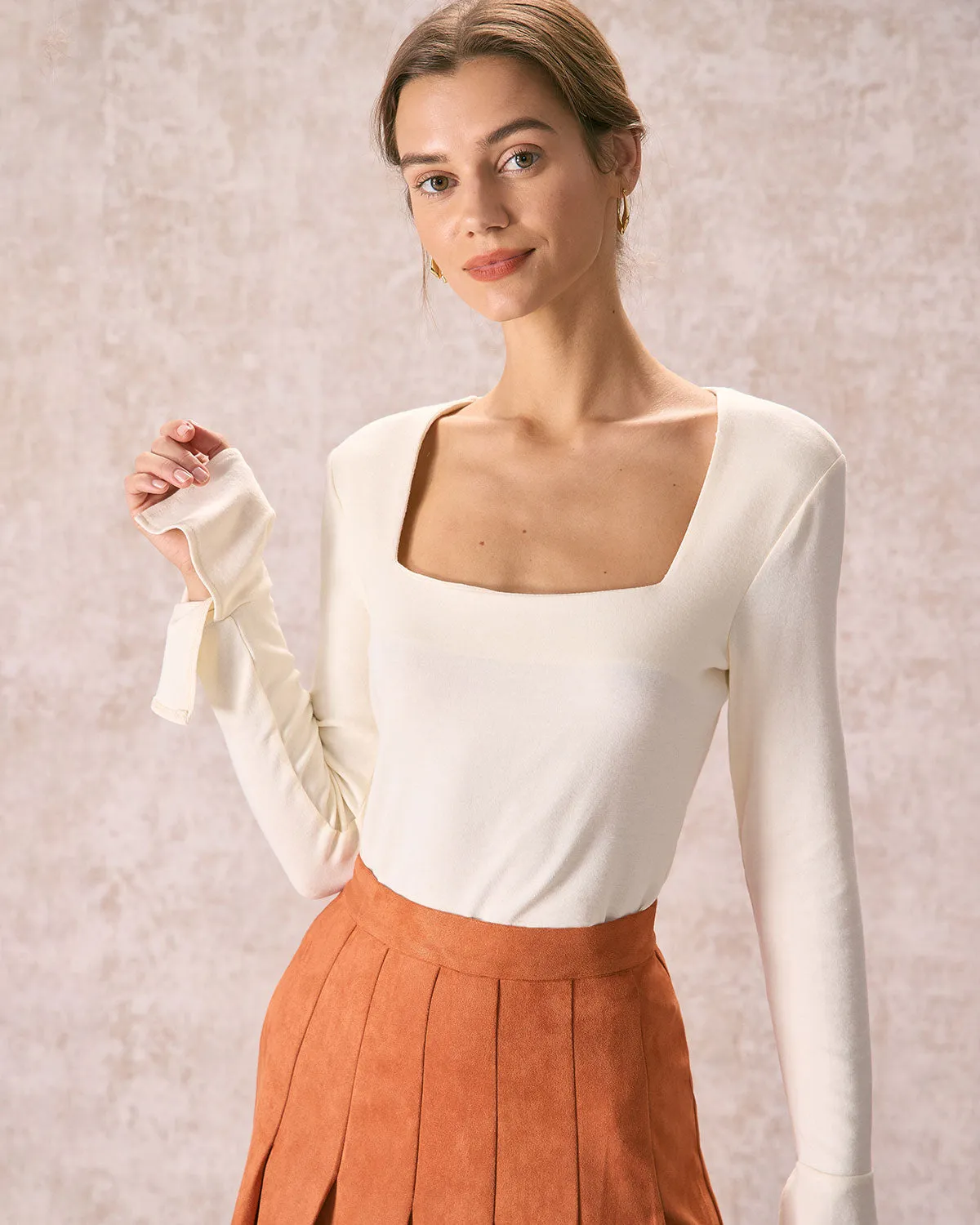 The Beige Square Neck Slit Flare Sleeve Tee