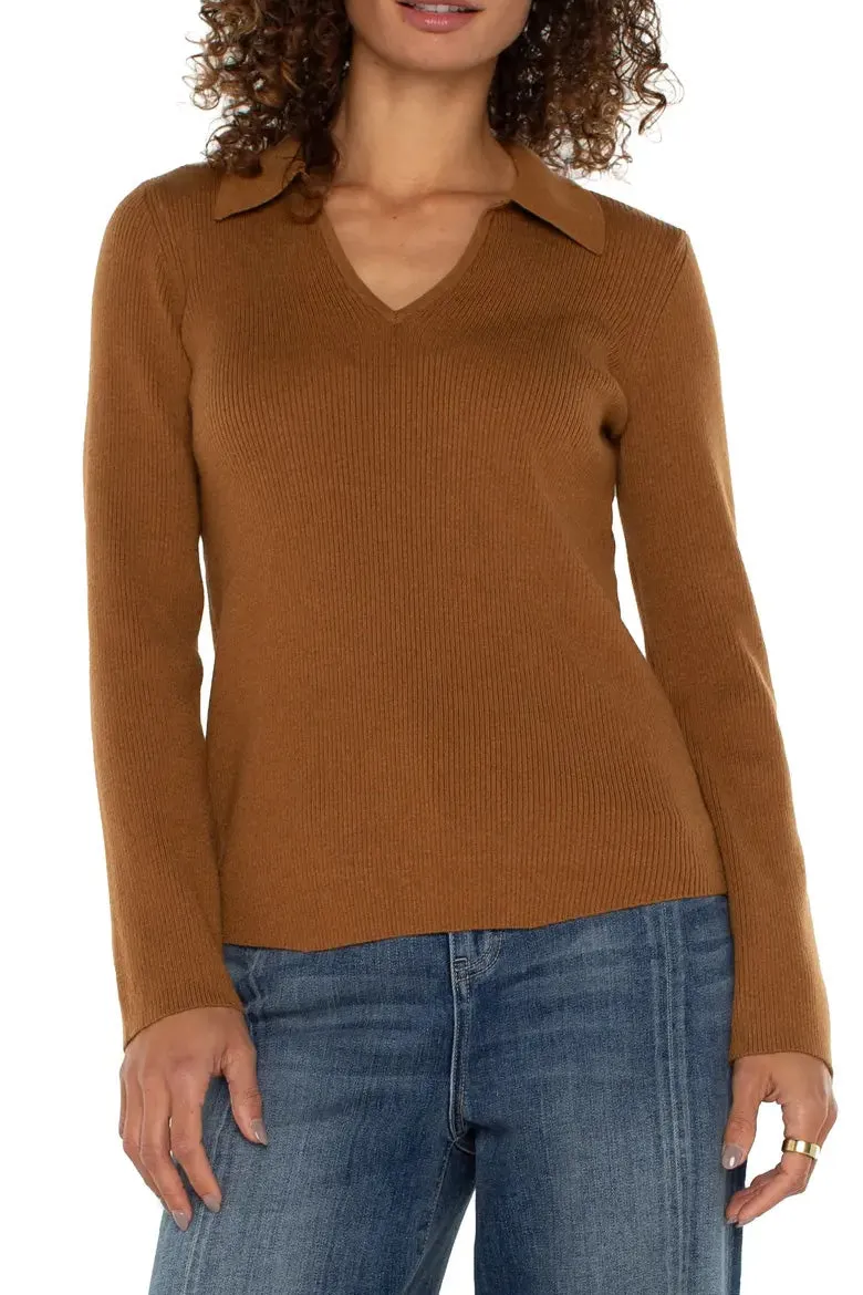 V-Neck Collared Sweater-Tumeric