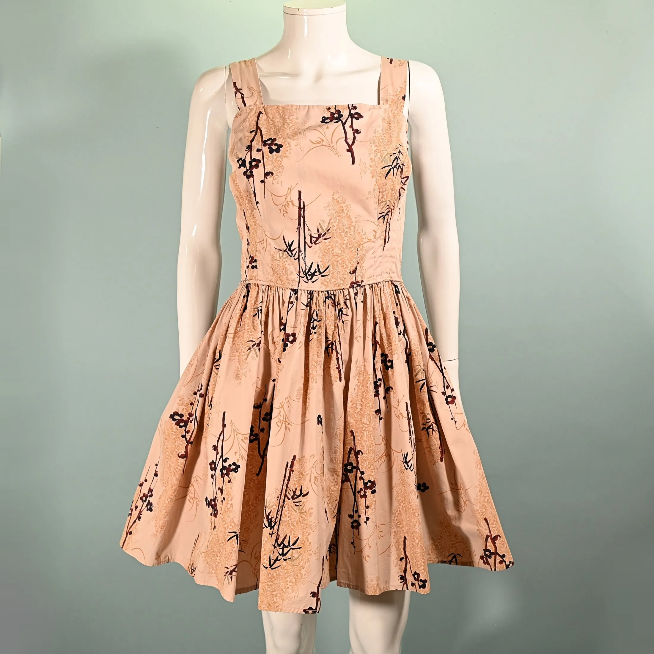 Vintage 50s Fit and Flare Asian Print Dress, Flowers Bamboo Print 1950s Rockabilly Dress S