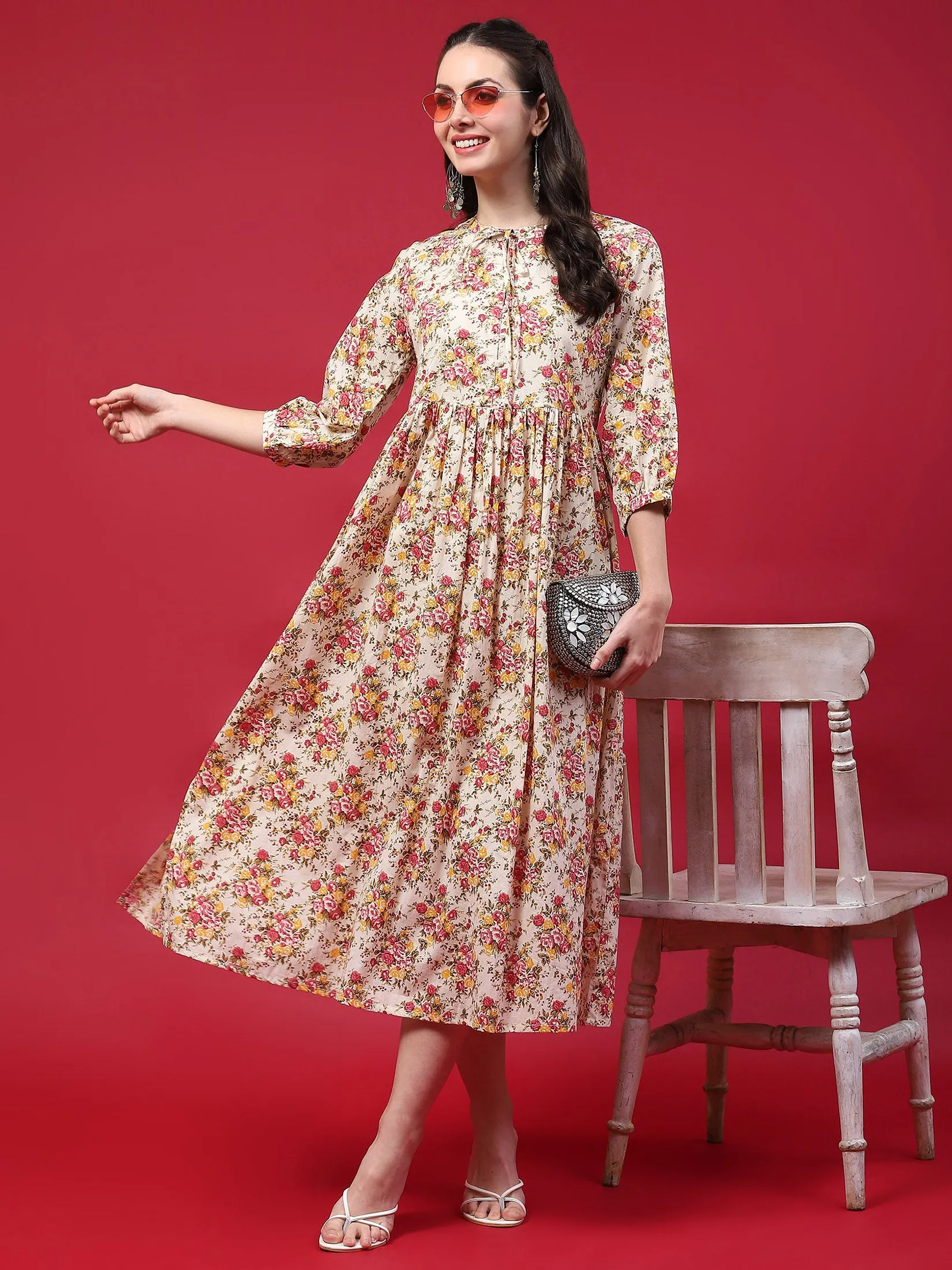 Women Beige Floral Printed Dress