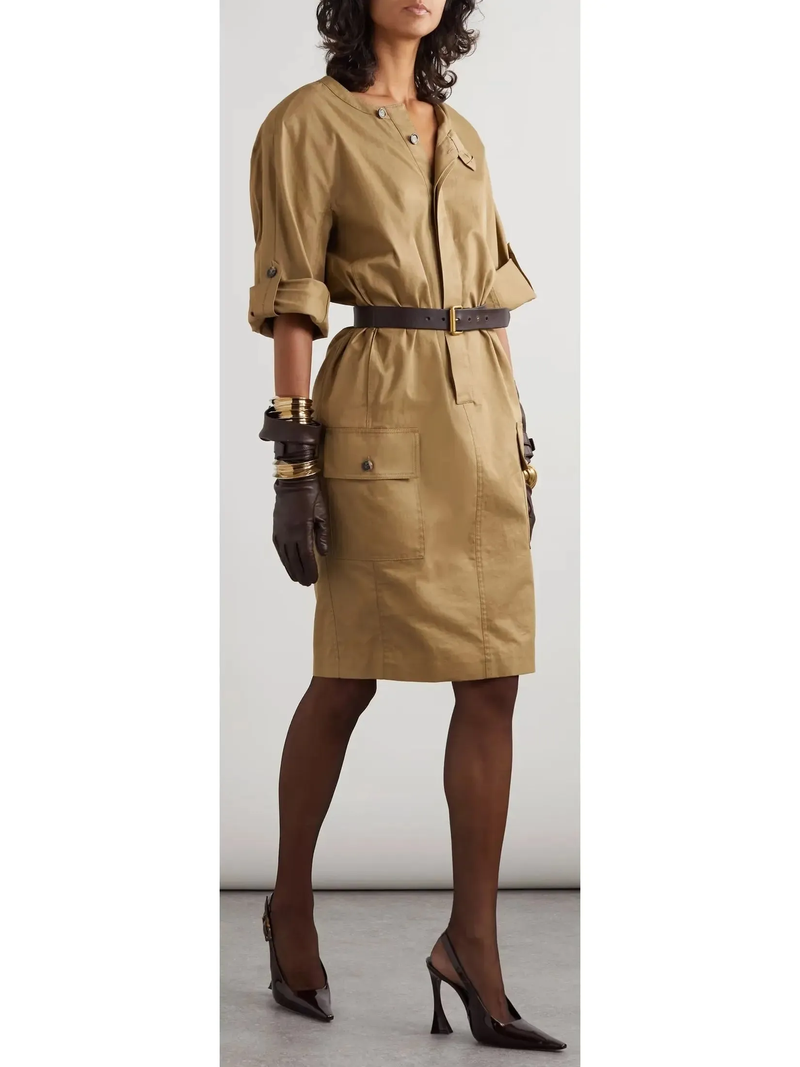 Women’s Belted Cotton-Twill Safari Mini Dress