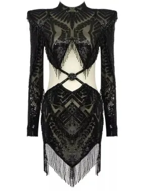 Women’s Black Bead-Embellished Paneled Mesh Dress