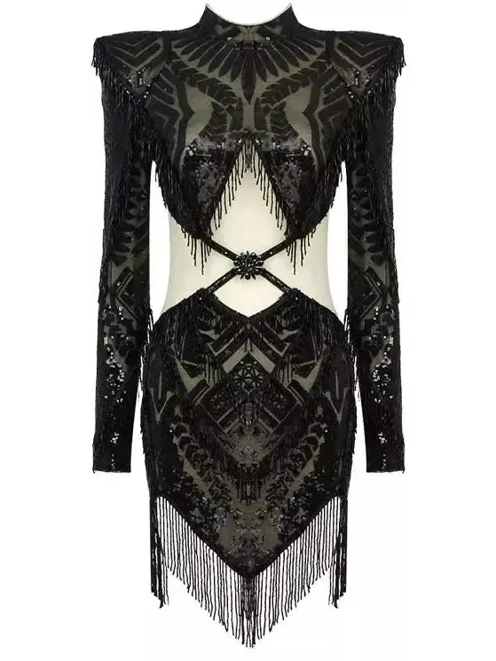 Women’s Black Bead-Embellished Paneled Mesh Dress