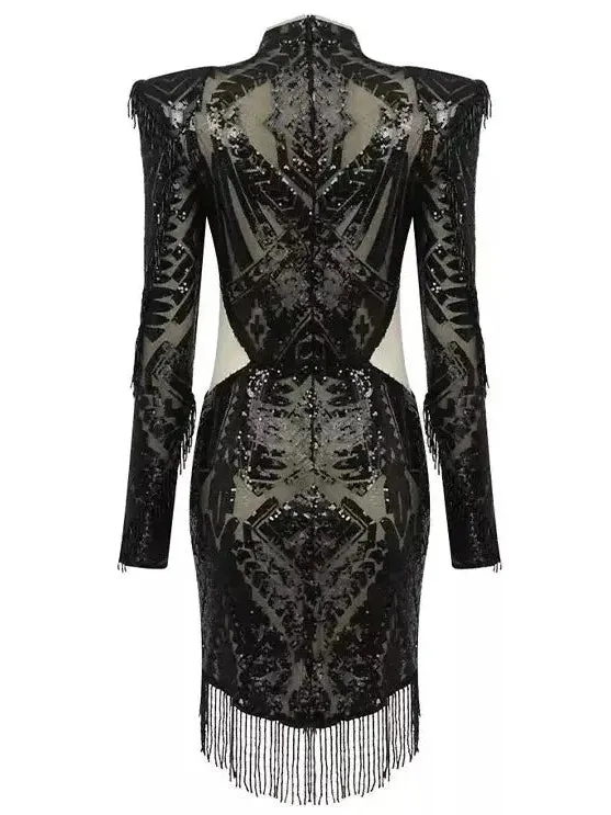 Women’s Black Bead-Embellished Paneled Mesh Dress