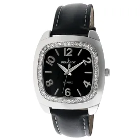 Women's Black Boyfriend Watch 40mm Crystal Bezel Leather Strap