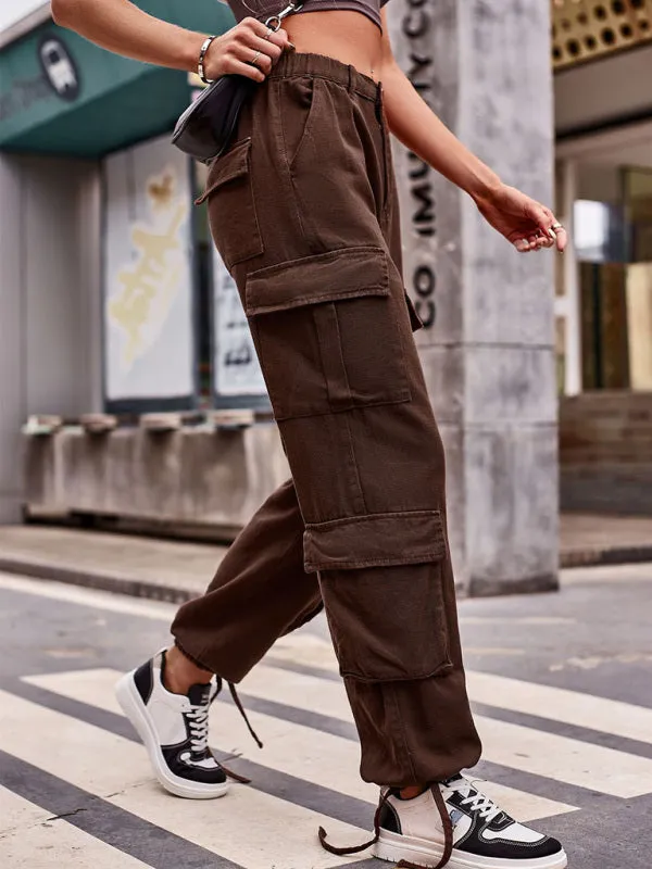 Women's Loose Fit Bottom Drawstring Cargo Trousers With Pockets