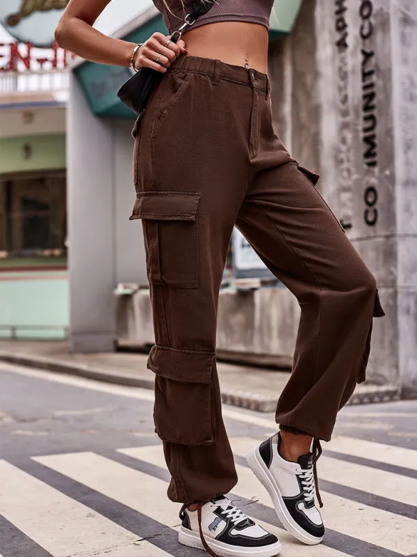 Women's Loose Fit Bottom Drawstring Cargo Trousers With Pockets