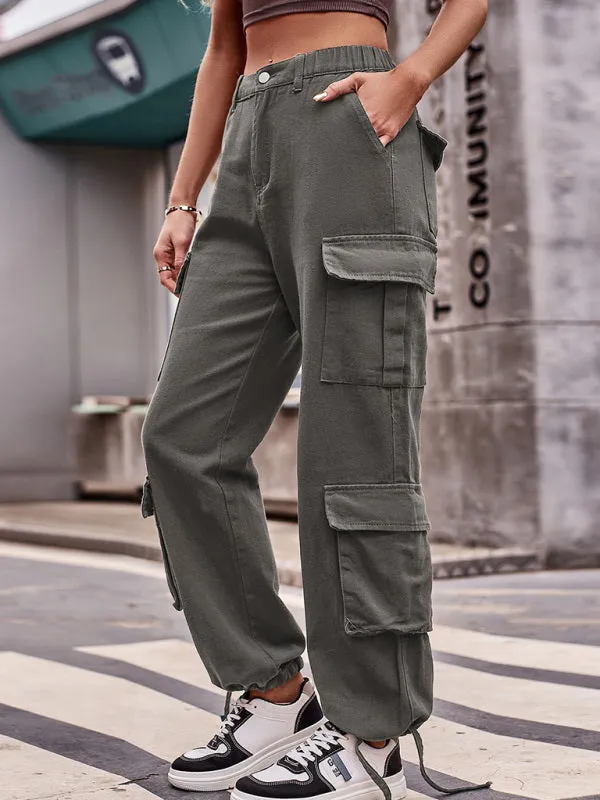 Women's Loose Fit Bottom Drawstring Cargo Trousers With Pockets